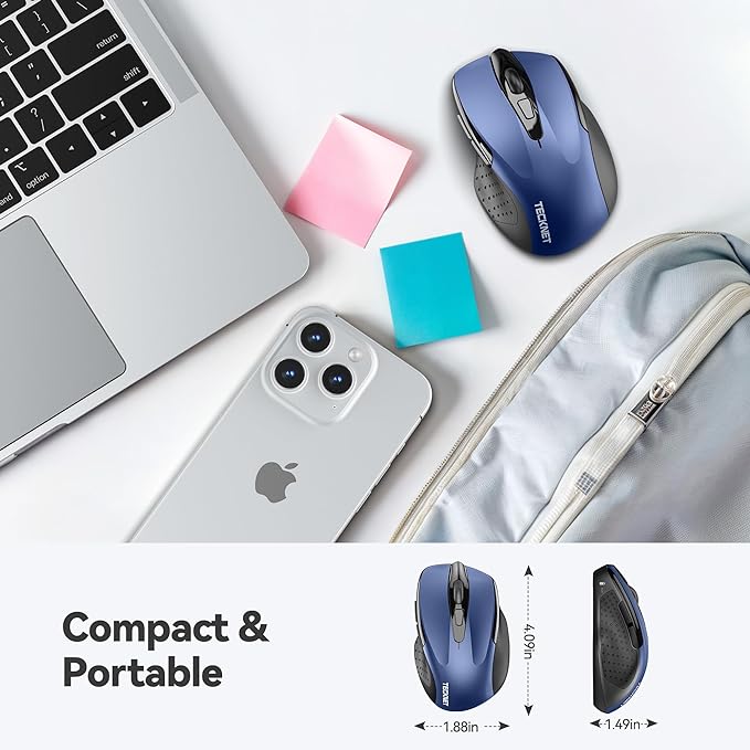 TECKNET Wireless Mouse, 2.4G Ergonomic Optical Mouse, Computer Mouse for Laptop, PC, Computer, Chromebook, Notebook, 6 Buttons, 24 Months Battery Life, 2600 DPI, 5 Adjustment Levels - Blue