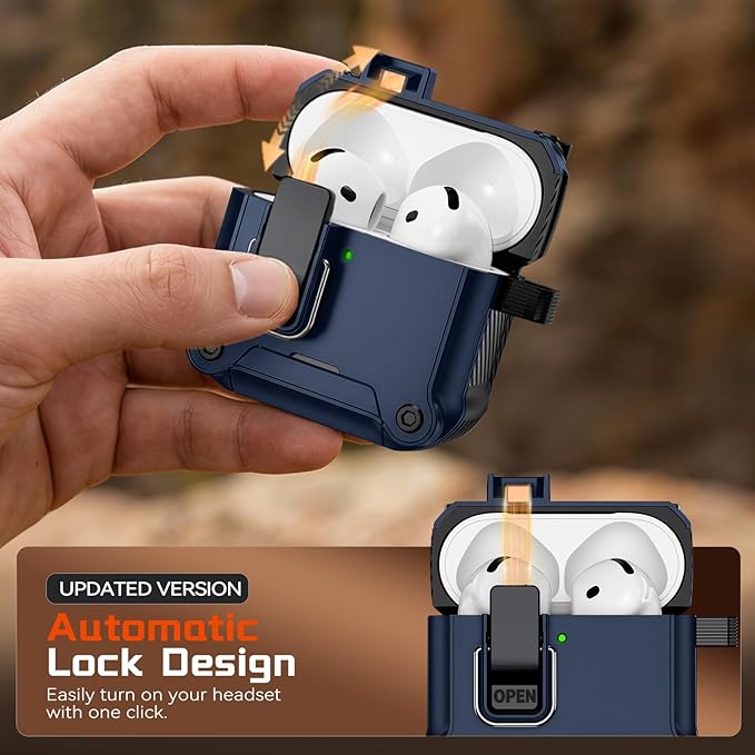 Inesore Compatible with AirPods 4 Generation Case,Secure Lock & Phone Stand Design,Compatible with MagSafe,Automatic Snap Switch Secure Cover for New AirPods 4th (2024)-Dark Blue