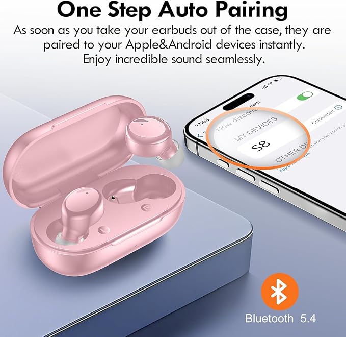 Lanteso True Wireless Bluetooth 5.4 Earbuds, 48H Playtime,Light Weight Headphones in Ear Buds Built in Mic Headset Premium Sound with Deep Bass,Clear Calls Earphones for Sports Workout Pink