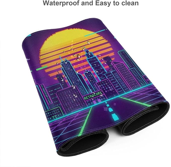 AQQA XL Gaming Mouse Pad - Retro Synthwave Pixel Art Desk Mat, Cyberpunk Neon City Sunset Design,Large Extended Mousepad with Stitched Edges,Non-Slip Rubber Base for Gamers,Home Office & Studio Decor