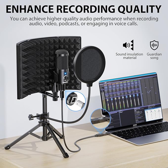 Studio Recording Microphone Isolation Shield with Pop Filter and Metal Tripod Stand USB Condenser Mic to PC Laptop Smartphone, Mic for Recording Singing Podcasting