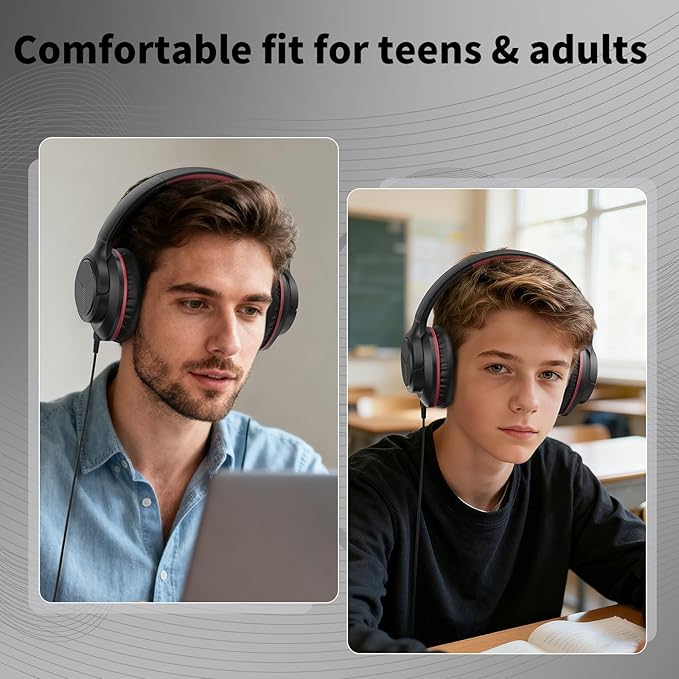 Botesty Sound Headphones Wired with Microphone, Over Ear Foldable 3.5mm Plug in Headphones Corded with 4.9ft Tangle-Free Nylon Cord for Tablet, Laptop, MP3/4, School, Airplane Travel (Black Red)