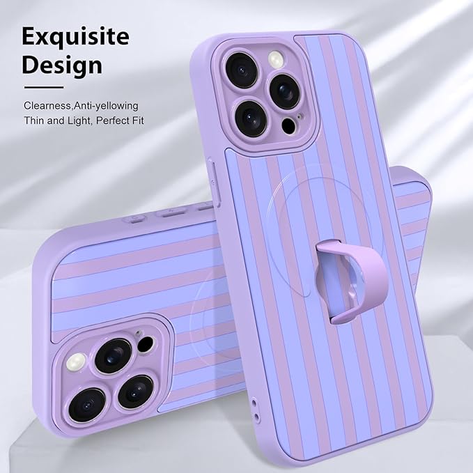 KANGHAR Compatible with iPhone 15 Pro Max Case, Support for MagSafe, Silicone Stripes Cute Pattern, Wristband Kickstand Camera Protection Soft Slim Cover for Girls Women -Purple