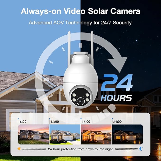 TKENPRO Solar Camera Outdoor Wireless, 2K Color Night Vision, Always-on-Video Security Camera Wireless Outdoor, Smart 24/7 Recording, Auto-Tracking, 2.4GHz Wi-Fi, IP65