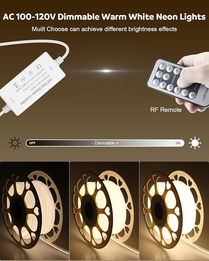 Aclorol 100FT Outdoor COB LED Strip Lights Waterproof Warm White 1 Roll AC 110V-120V Flexible Dimmable LED Lights Strip with Remote High Density COB LED Rope Light for Garden Commercial Building 3000K