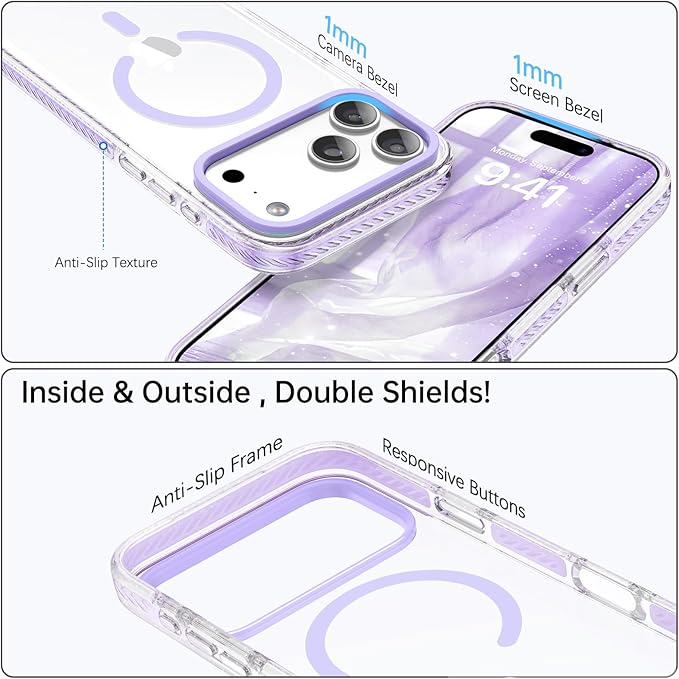 BENTOBEN Magnetic for iPhone 17 Pro Max 6.9" Case, Compatible with Magsafe Military Shockproof Protective Cute Transparent Slim Anti-Yellowing Phone Case for iPhone 17 Pro Max Cover, Clear Purple
