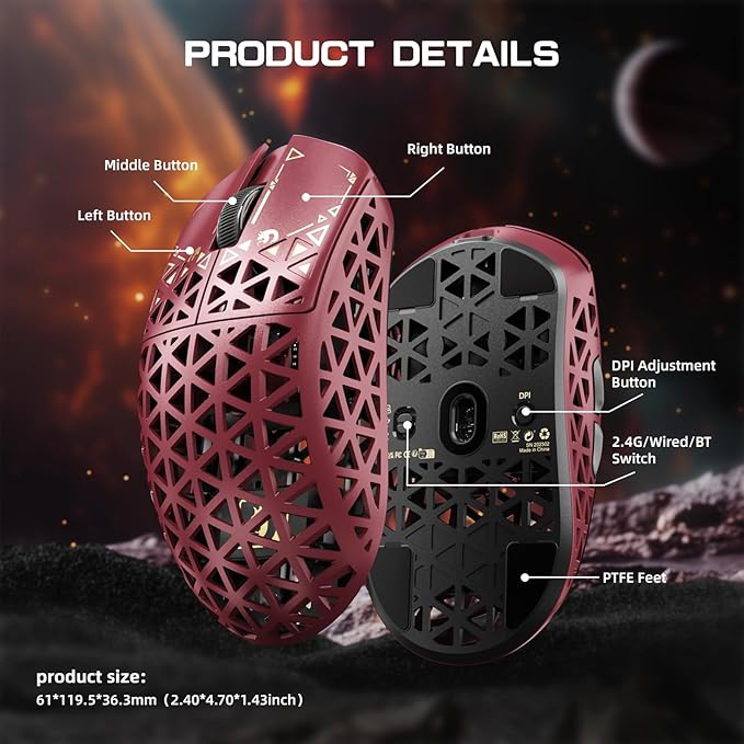 MAMBASNAKE M5 Ultra Carbon Fiber 8KHz Wireless Gaming Mouse,PAW3950MAX Sensor 42K DPI,39g Superlight Tri-Mode 2.4GHz/BT/Wired Computer Mice,Web Driver Support,for Win/Mac/FPS/MOBA/Esports-Red (A)
