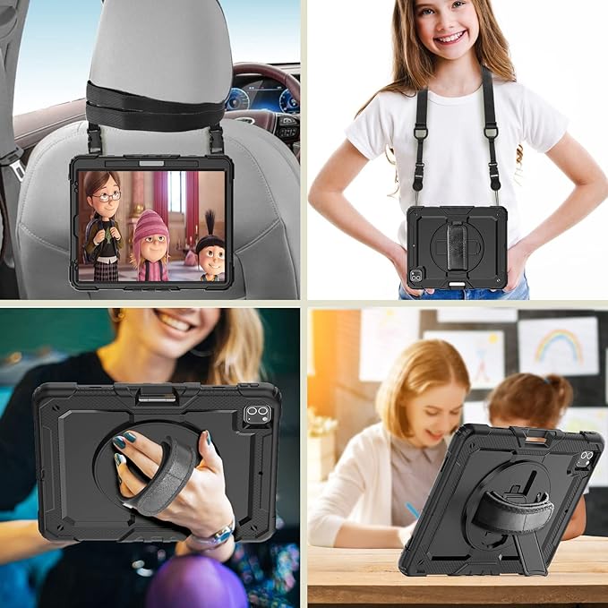 Case Compatible with iPad Pro 12.9 inch 6th/5th/4th Generation with Screen Protector Pencil Holder | Full Body Shockproof Rugged Protective Rubber Case W/Stand Strap | Black
