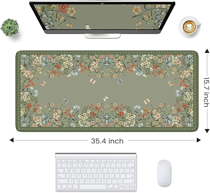 HAOCOO Dark Green Floral Desk Mat, Desk Mat for Keyboard and Mouse, XL Mouse Pad with Non-Slip Rubber Base, Waterproof Computer Mats for Desktop, Long Mouse Pad for Gaming, Women Office