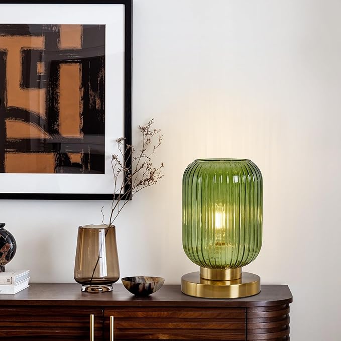 Mid Century Modern Table Lamp: Vintage Green Ribbed Glass Globe Dimmable Plug in Small Bedside Lamps - Cute Brass Gold Side Table Lamp Nightstand Light for Bedroom Entryway Office Desk Living Room