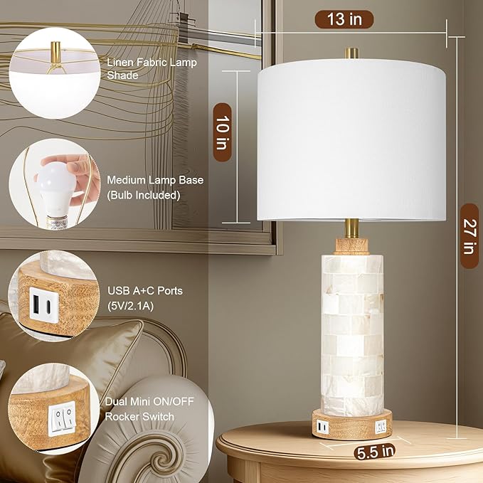 KIVDITZO 27" Alabaster and Wood Table Lamp Set of 2 with Night Light Nightstand Lamps with USB Ports White Linen Fabric Shade Bedside Lamp Decor for Living Room Bedroom Home Office Hotel Bar House