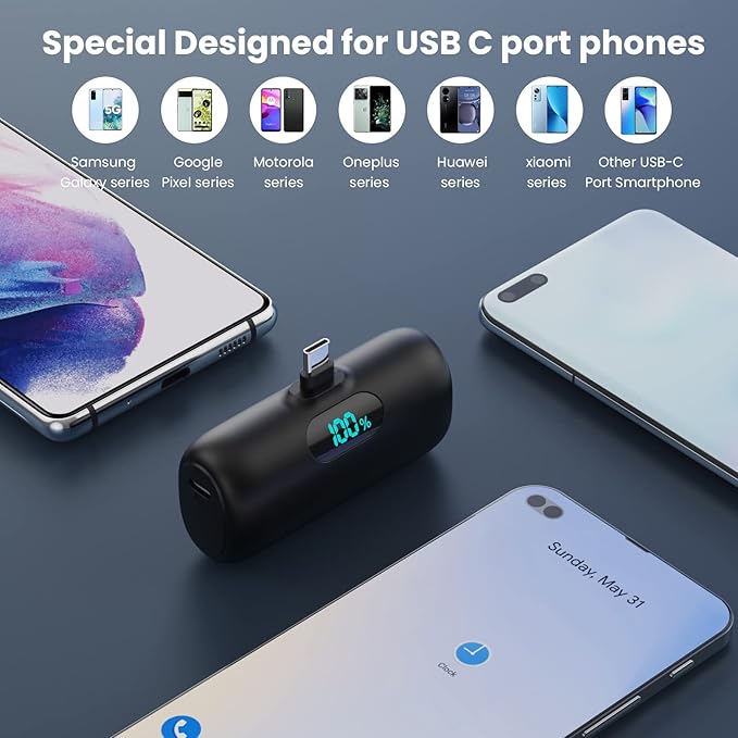 [2-Pack] Mini Portable Charger 5000mAh Power Bank,3A PD USB C Cell Phone Portable Power, LCD Display Battery Pack Compatible with iPhone 17/17 Air/16/16 pro/15/15 pro Max/Android/Samsung/Moto/LG etc