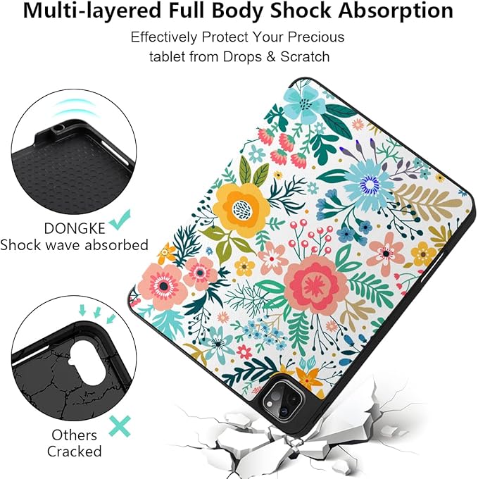 DONGKE Case for iPad Pro 11 inch (4th, 3rd, 2nd & 1st Gen) 2022 2021 2020 2018, Trifold Stand + Pencil Holder + Auto Wake/Sleep + Soft TPU Protective Stand Back Cover, Flower