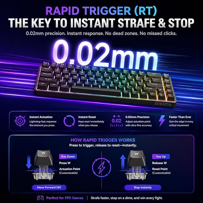 DIERYA DK68-C 60% Gaming HE Keyboard, Magnetic Switch Hot Swappable, Rapid Trigger, Adjustable Actuation, 8000Hz Polling Rate, RGB Backlit, Compact 68 Keys for Windows PC, Wired, Black