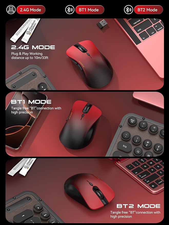 RAPIQUE Bluetooth Wireless Mouse - Dual Bluetooth & 2.4 GHz USB Receiver, Comfortable Grip, Quiet Clicks, Low Power - Multi-Device Compatibility for Laptop, Computer, iPad, MacBook (Gradient Red)