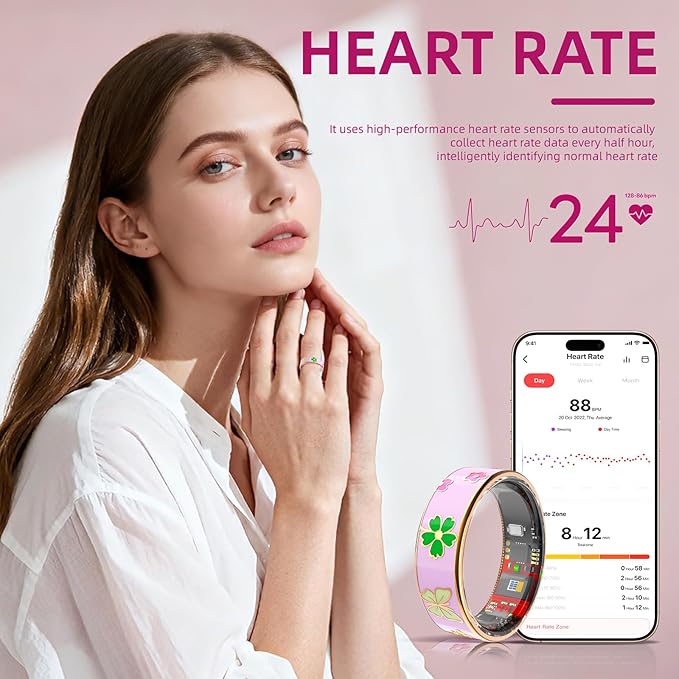 Smart Ring Men & Women Ring Sleep Tracker Pedometer Long Battery Life No Subscription Fee, IP68 Waterproof (Pink, 9)