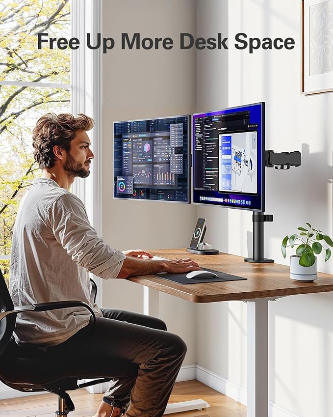 HUANUO Dual Monitor Mount up to 32 Inch Screens, Heavy-Duty Steel Dual Monitor Stand, Full Motion Adjustable Arm with Tilt, Swivel, Rotate, Holds up to 17.6 lbs per Arm, VESA 75/100mm