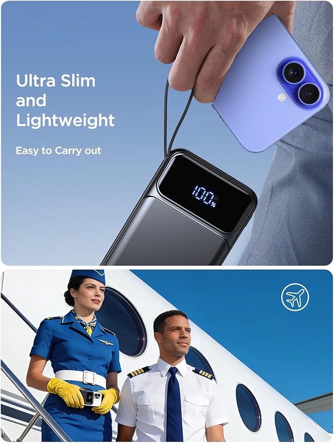 Power Bank, Portable Charger with Built in Cable 22.5W Fast Charging Battery Pack 10000mAh Slim 6 Outputs 3 Inputs LED Display Phone Charger for iPhone Samsung Pixel Moto iPad Travel Essential Gift