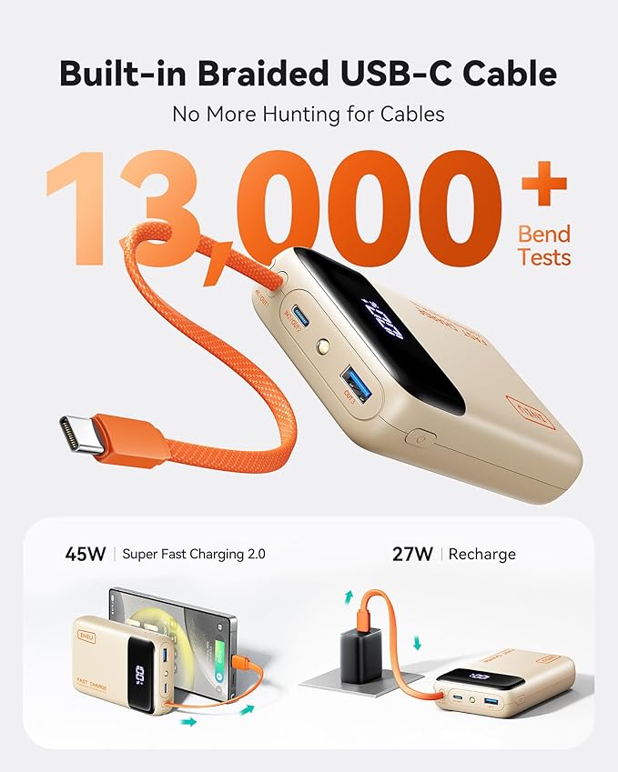 INIU 20000mAh Power Bank, Smaller 45W PD Fast Charging Portable Charger, Battery Pack with Build in USB C Cable, Travel Phone Flight-Safe Powerbank for iPhone 17 16 Samsung S26 Google iPad, Beige