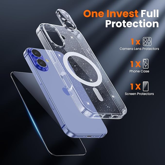 toushion 3 in 1 for iPhone 16 Plus Case Clear Glitter | with MagSafe,Screen Protector *1 & Camera Lens Protector*1, Military-Grade Protection