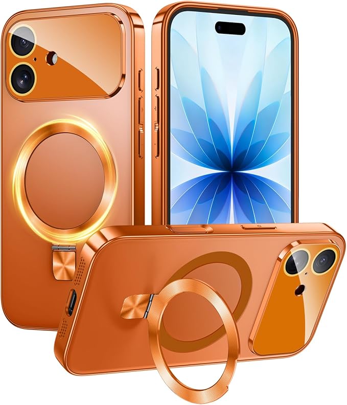 TOBOVON Magnetic for iPhone 17 Case with Ring Stand, Fits MagSafe, with Built-in Camera Lens Protector, Slim Electroplated Shockproof Phone Cover, Orange