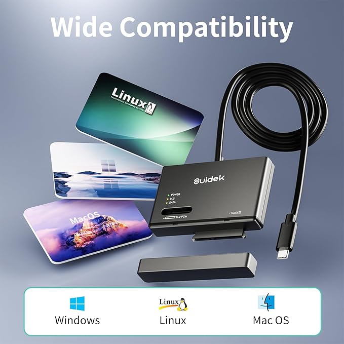 SUIDEK M.2 NVMe SSD Adapter, Type-C 10Gbps to M.2 and SATA Hard Drive Reader External M2 PCIe NVMe SSD Enclosure Compatible with (M Key&M+B Key) Any Sizes and 2.5"/3.5" SATA with 12V/2A Adapter