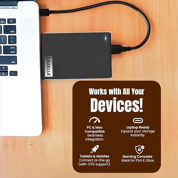 GAZELLE High-Speed 1TB Ultra Slim Portable External Hard Drive - 2-in-1 Type C & USB 3.0, Compatible with PC, Mac, Laptop, PS4, Xbox, iPad, Tablet, Mobile (Black) - 1 Year Warranty