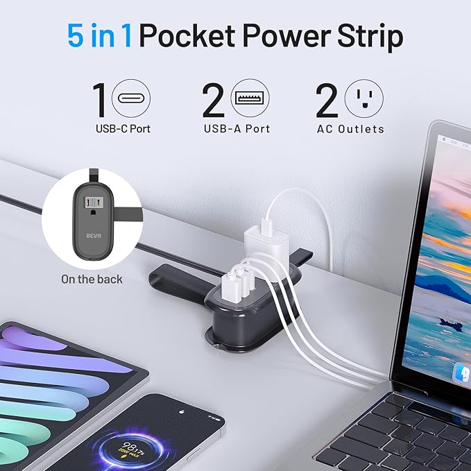 BEVA Travel Power Strip with USB Ports, 4FT Travel Flat Plug Extension Cord, Fast Charge PD 20W 2 Outlets 3 USB Ports, Non Surge Protector for Cruise Ship Travel Essentials(PD20W Charge Black)
