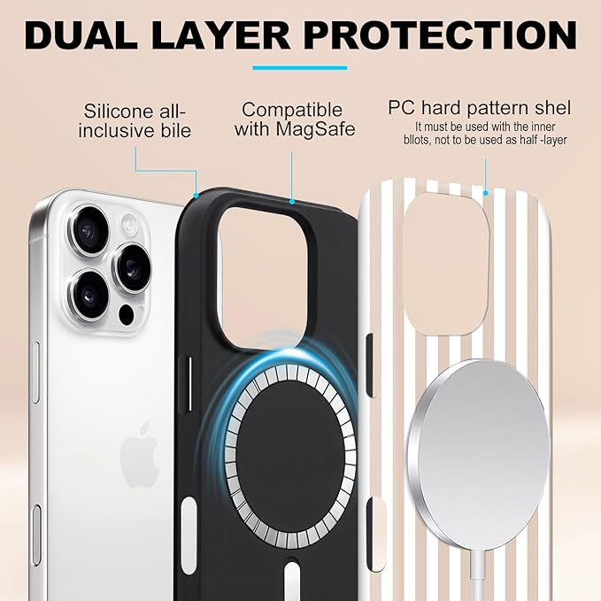 Magnetic for iPhone 15 Pro Max Case Cute Stripes Phone Case, Shockproof Slim TPU and Hard PC Protective Phone Cover Compatible with MagSafe Designed for Women Girls, Apricot