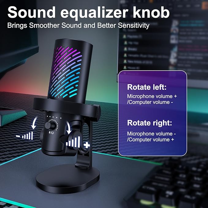 CG1 RGB Condenser Microphone Plug & Play, Noise Cancellation, Mute,Computer/Mic Monitoring Balance Adjustment, Headphone Jack, Desktop Stand for Gaming, Streaming, Podcasting, PC/Type-C Phones
