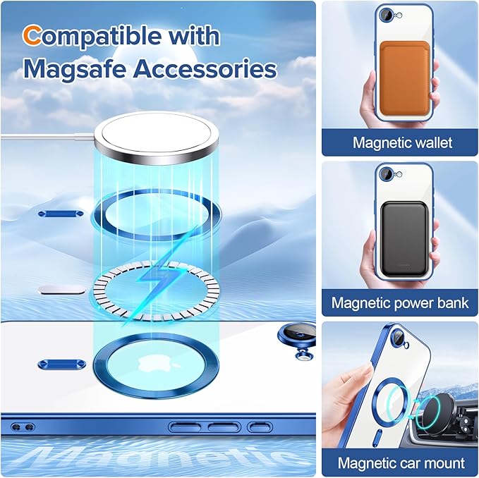 Hython Magnetic Clear for iPhone 17e Case with Camera Lens Protector [Compatible with MagSafe] Luxury Plating Edge Slim Soft TPU Cover Protective Phone Case for iPhone 17e 6.1", Deep Blue