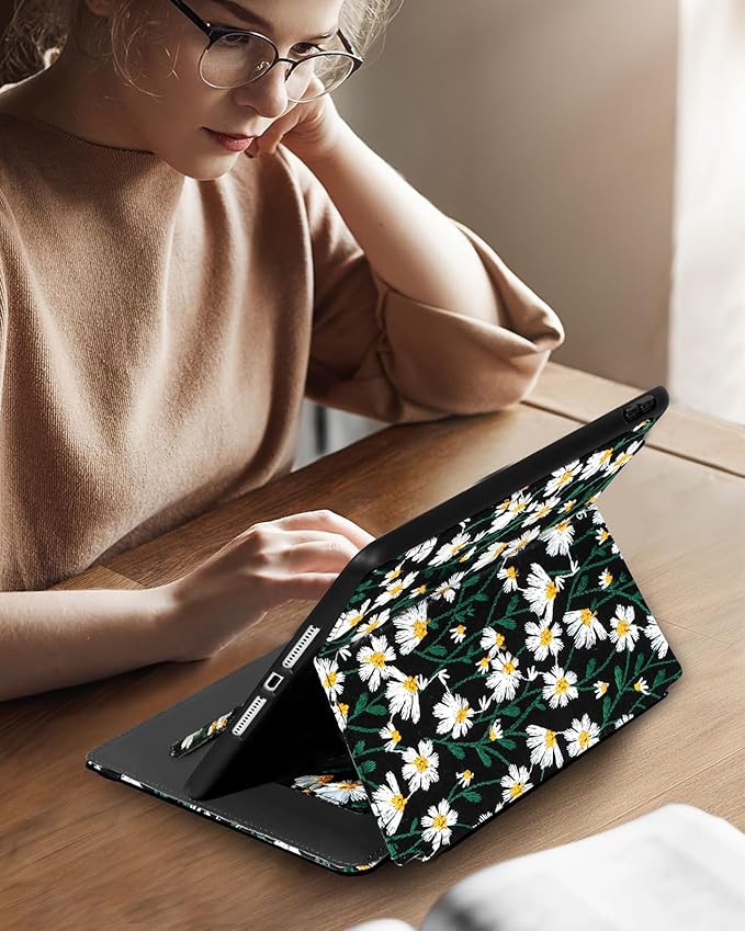 Uppuppy for iPad 9th/8th/7th Generation Case 10.2'' - Women Girls Cute Embroidered Folio Stand Cover with Pencil Holder & Card Slot Girly Black Daisy Floral Design Aesthetic Cases for iPad 7th/8th/9th
