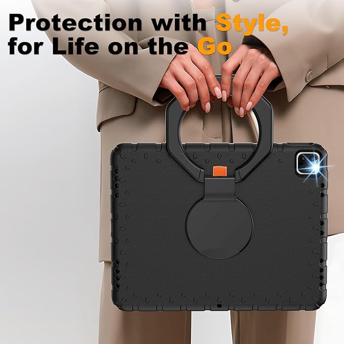 for iPad Pro 12.9 Case 6th/5th/4th/3rd Generation with 360° Rotating Stand & Pencil Holder, Heavy Duty Cute Cover for iPad Pro 12.9 inch 2022/2021/2020/2018, Black