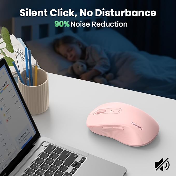 TECKNET Rechargeable Bluetooth Mouse, [ USB + BT5.0 + BT3.0 ] Wireless Mouse, Ergonomic Design, Silent Click, 6-Level 4800 DPI Wireless Mice, 3-Device Switching for Laptop, Computer, MacBook（Pink）