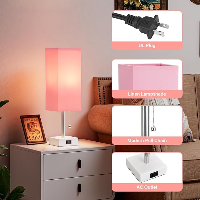 Pink Bedside Table Lamps for Bedroom - Small Nightstand Lamp Set of 2 with AC Outlet Charging Port, 3 Color Temperatures Rectangular Desk Light, Tabletop Reading Lamp for Living Room/Dorm/Office