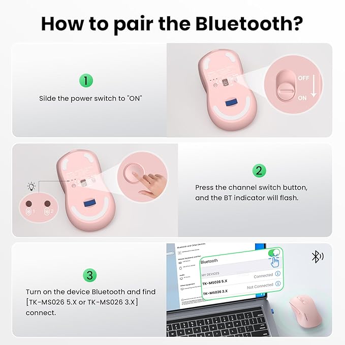 TECKNET Rechargeable Bluetooth Mouse, [ USB + BT5.0 + BT3.0 ] Wireless Mouse, Ergonomic Design, Silent Click, 6-Level 4800 DPI Wireless Mice, 3-Device Switching for Laptop, Computer, MacBook（Pink）