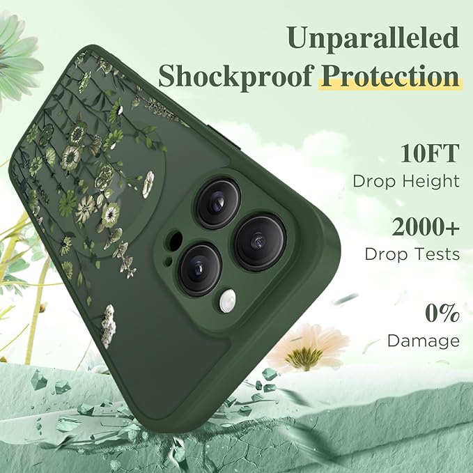 GVIEWIN for iPhone 16 Pro Max Case Compatible with MagSafe, [Military Grade Protection] [Screen Protector] Full Camera Protection Floral Translucent Women Magnetic Phone Case, Floratopia/Forest Green