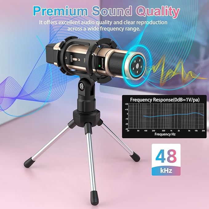 ZealSound USB Podcast Microphone for iPhone, iPad, Android, PC & Laptop, Condenser Mic with Noise Reduction, Mute, Headphone Monitoring & Echo Control for ASMR, Podcast, Streaming, Gaming