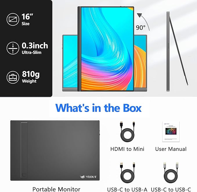 Veout 16" 1920×1200P IPS Portable Monitor for Laptop, Side/Vertical Monitor with Stand, USB-C & Mini HDMI, Second Screen for PC, MacBook, Phone & iPad, 4 Colors for Travel & Office