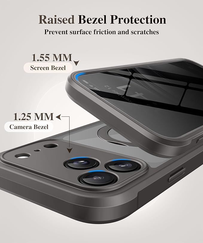 BERFY for iPhone 17 Pro Max Case, Compatible with MagSafe, Built in Privacy Screen Protector, Shockproof Full Body Phone Case for 17 Pro Max with Magnetic Stand, Clear Grey