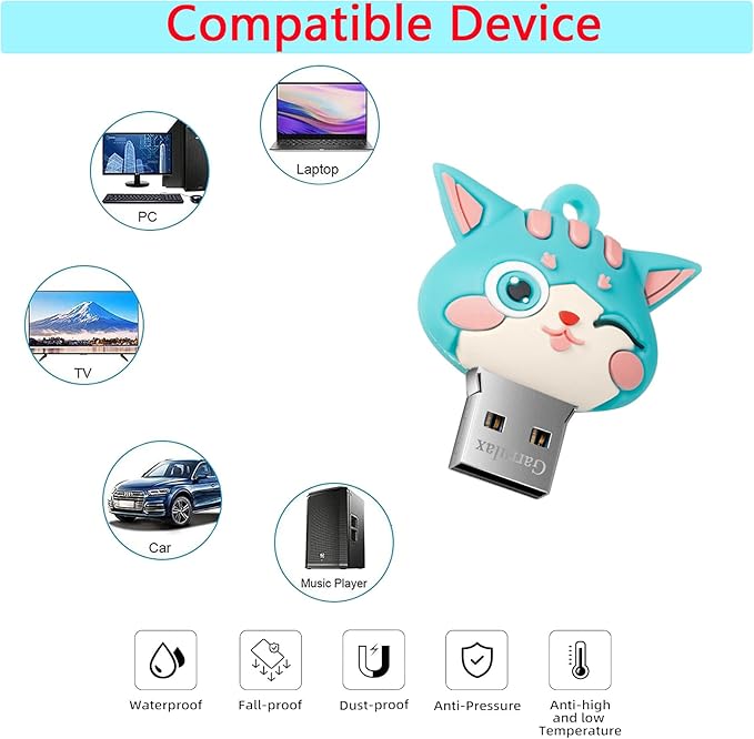 USB Flash Drives,Waterproof Silicone USB2.0 High Speed Thumb Memory Stick Pen Date Storage Pendrive U Disk (32GB,Green Cat)