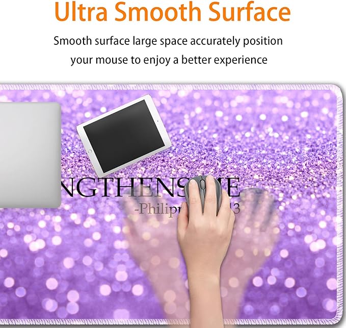 Durable Desk Mat + Wrist Rest Pad + Coasters Set, Large Gaming Office Mouse Pad 31.5 "x 11.8", Extended Non-Slip Rubber Keyboard Pad, Laptop & Home, Purple Glitter Quote Philippians 4-13