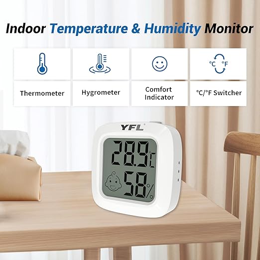 YFL Digital Hygrometer with Comfort Indicator,Indoor Room Temperature Monitor Thermometer, Pratical Hygrometer Thermometer for Home, Bedroom, Baby Room, Greenhouse, Cellar(White)