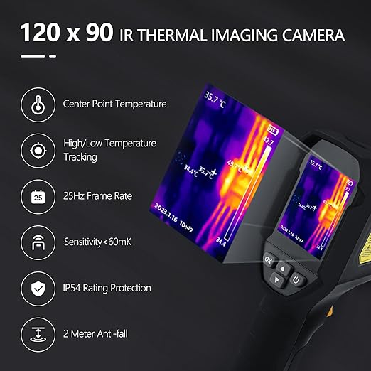 Thermal Imaging Camera, 120 x 90 IR Resolution 25Hz Refresh Rate, Handheld Infrared Thermal Imager 10800 Pixels, IP54, -4°F~752°F Temperature Range