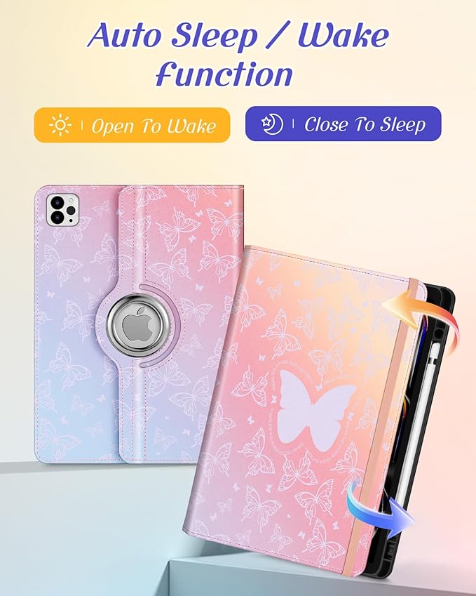 Kidcube for iPad Pro 13 Inch Case M4 2024 - Women Girls Kids Cute Rotating Stand Folio Cover with Pencil Holder & Card Slot Kawaii Butterfly Design for iPad Pro 13 Inch Case 2024 (A2925 A2926 A3007)