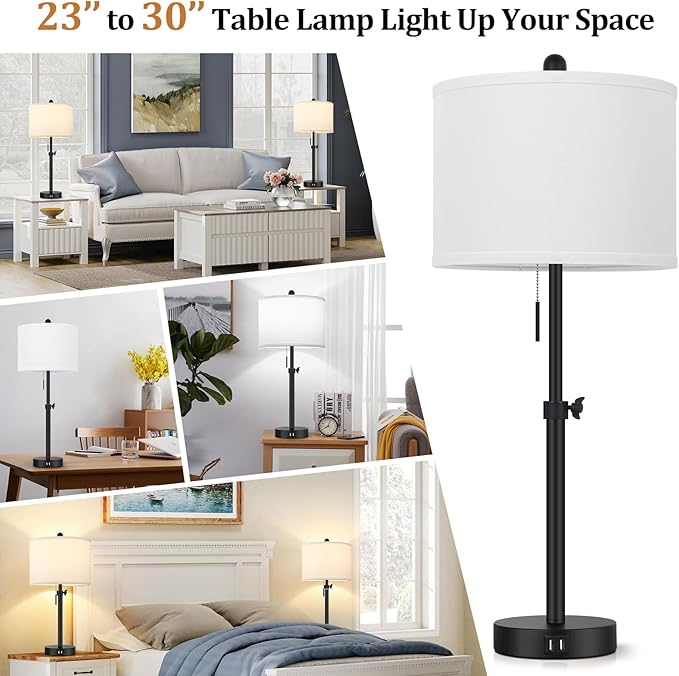 Kondras Table Lamp for Bedroom Set of 2, 23" to 30" Height Adjustable Bedside Lamp with 2 USB Ports, Black Nightstand Lamp with White Shade, Modern Pull Chain Table Lamp for Living Room End Table