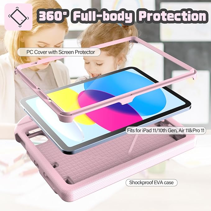 YIHE Kids Case for iPad (A16) 11th Generation 11 Inch 2025 & iPad 10th Generation 10.9 inch 2022, with Built-in Screen Protector and Stable Stand, Full Body Shockproof Protective Cover - Light Pink