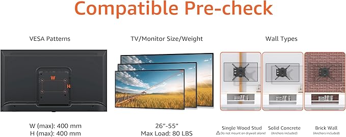 Amazon Basics Full Motion Articulating TV Wall Mount, with Swivel and Tilt, for 26" to 55" TVs and Flat Panels up to 80 Lbs, VESA Compatible, Single Stud, Black