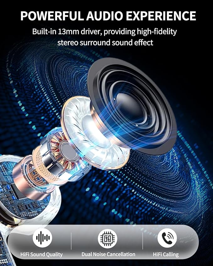 True Wireless Earbuds, Bluetooth 5.4 Headphones with Dual ENC ANC Noise Canceling, 13mm Drivers for Deep Bass Stereo, IPX7 Waterproof, 18H Playtime, USB-C Charging Case for iPhone Android