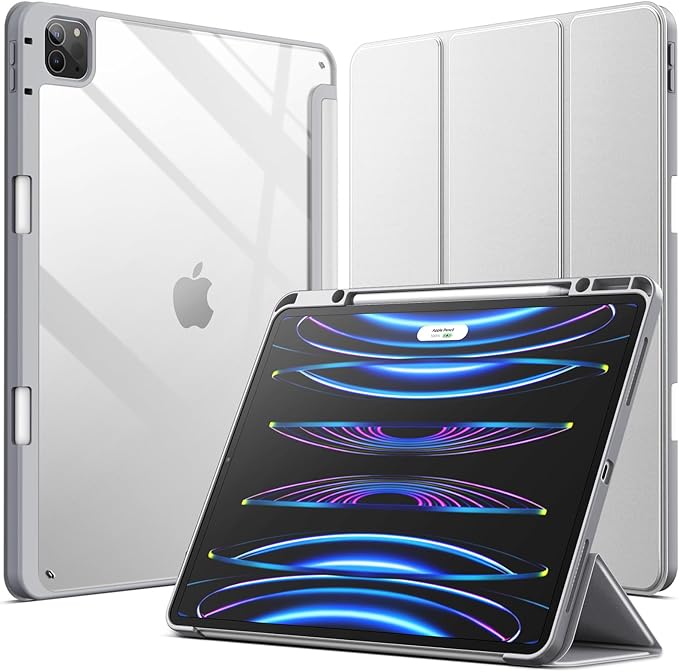JETech Case for iPad Pro 12.9-Inch (2022/2021/2020/2018) with Pencil Holder, Clear Transparent Back Shell Slim Stand Shockproof Tablet Cover, Auto Wake/Sleep (Silver)